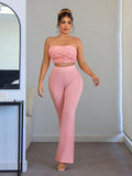 2-Piece Soft Pink Floral Ruched Tube Top & Flared Pants Set for Women