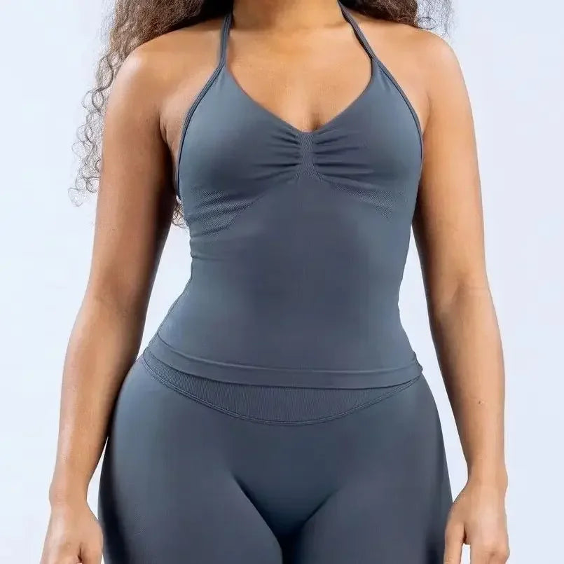 2 Pieces Sports Set Women Backless Tank Tops High Waist Scrunch Seamless Shorts Sport Suit Gym Set Sportswear Workout Set
