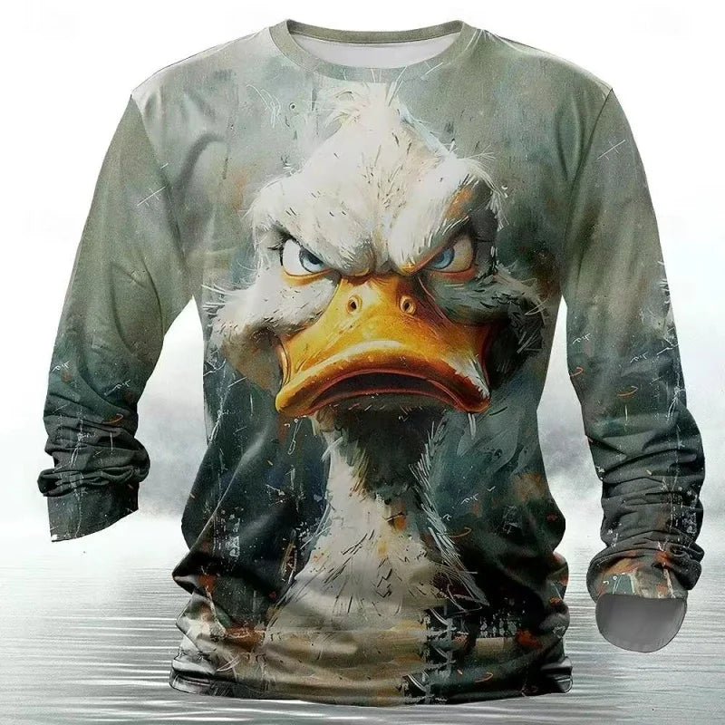 Funny animal design retro men 3D printing street casual daily gray longsleeved round neck shirt spring and autumn clothing