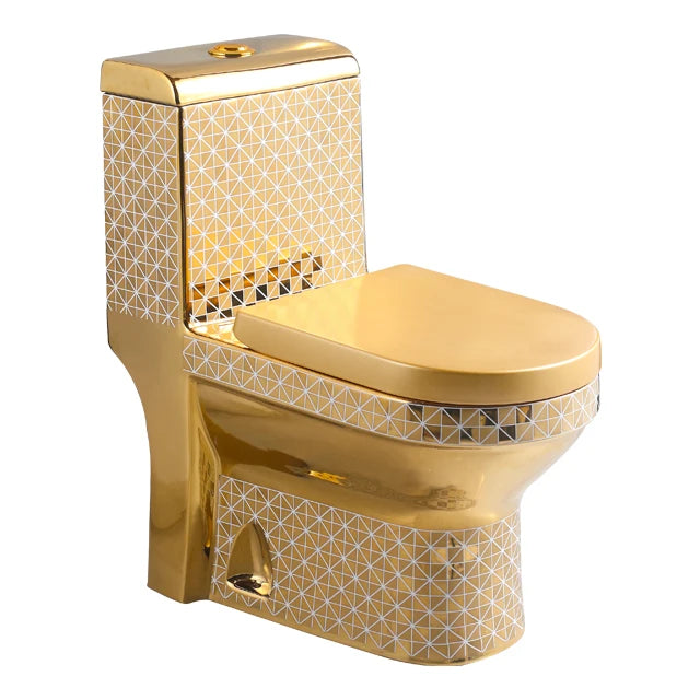 Golden Toilet,Modern One-Piece Ceramic Toilet Bowl With S-Trap Drainage Dual-Flush Floor Mounted White Gold Color