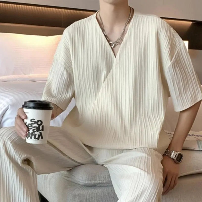 Men's Ice Silk Sportswear Set V Neck Short Sleeve T Shirt Long Pants Two Piece Summer Outfit UK Punk Style Large Size