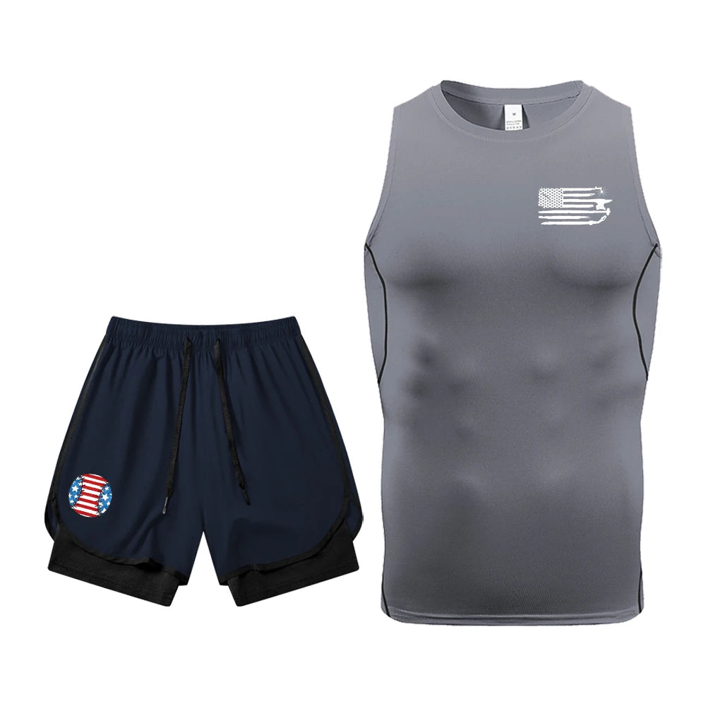 Men's Quick Dry Gym Workout 2 Piece Set Compression Sleeveless Shirt & Running Shorts Kit Flag Graphic Print Gym & Athletic Gear