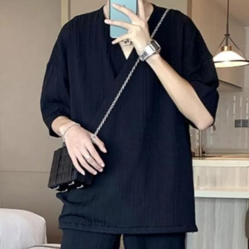 Men's Ice Silk Sportswear Set V Neck Short Sleeve T Shirt Long Pants Two Piece Summer Outfit UK Punk Style Large Size