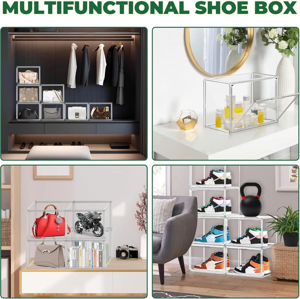 4-Pack Clear Plastic Stackable Shoe Storage Boxes with Magnetic Door, Thick Acrylic Display Case for Sneakers