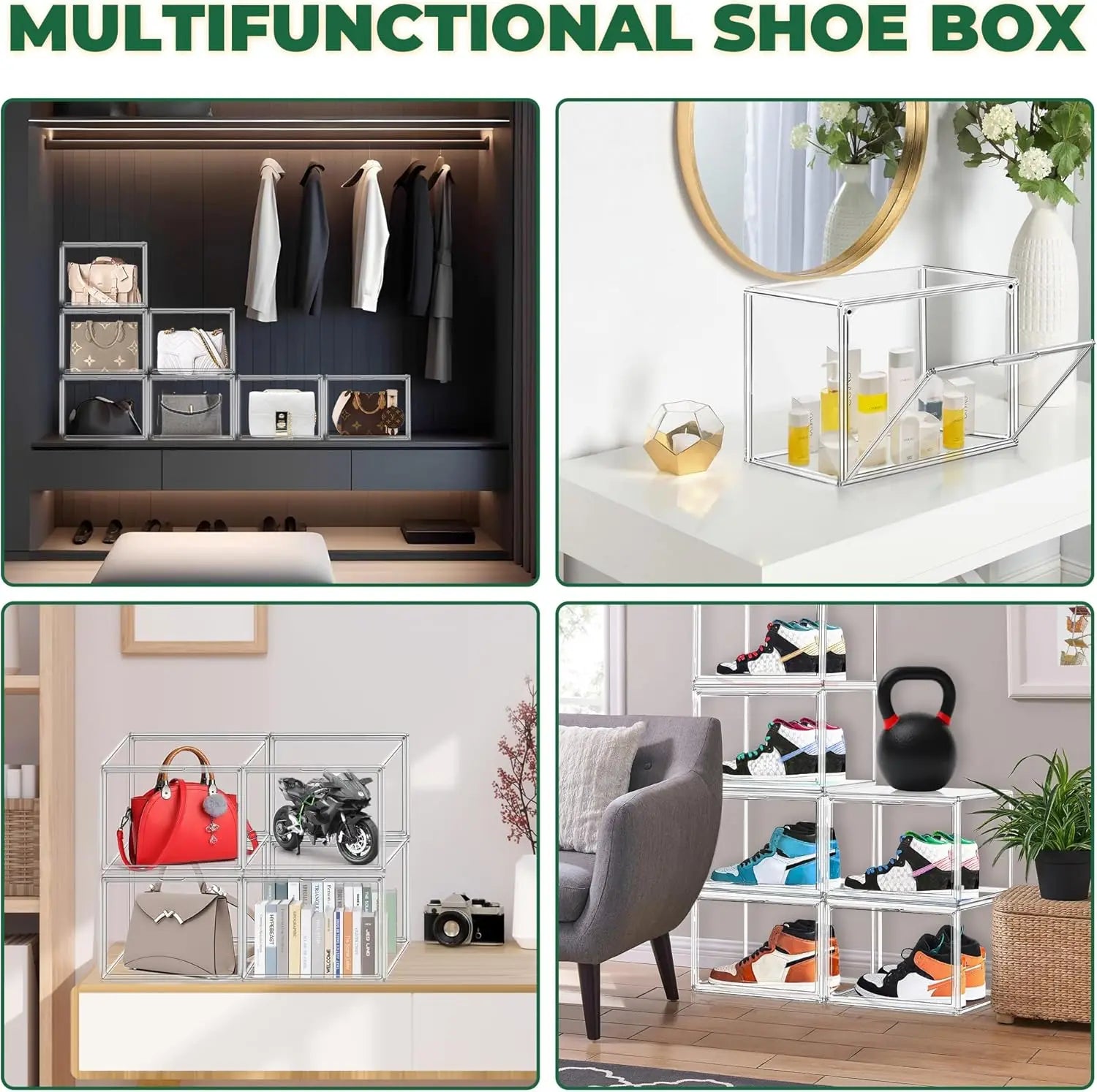 4-Pack Clear Plastic Stackable Shoe Storage Boxes with Magnetic Door, Thick Acrylic Display Case for Sneakers