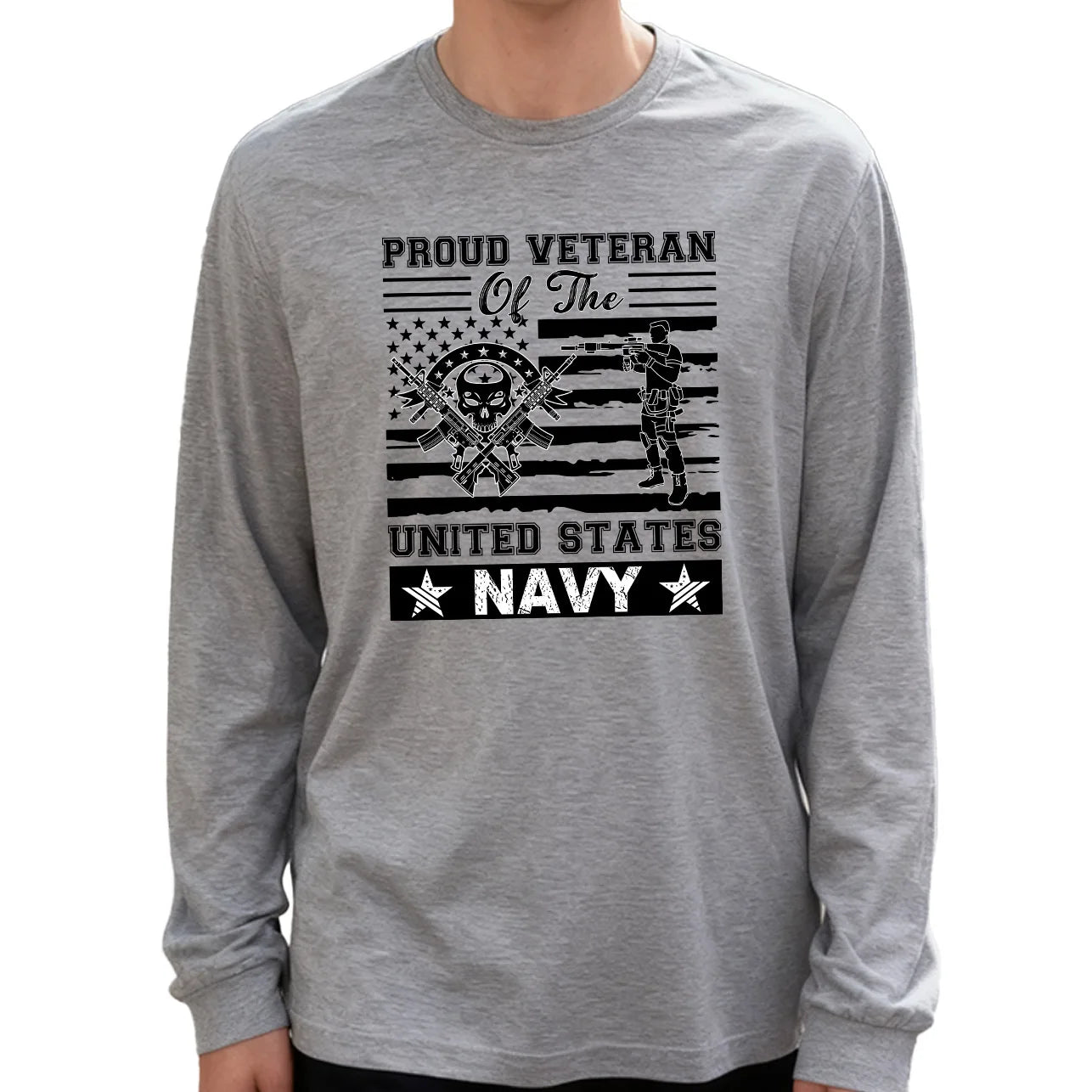 Proud Veteran of the United States Navy Men's Long Sleeve Tee 100% Cotton 180g Crew Neck Casual Daily Style Soft and Breathable