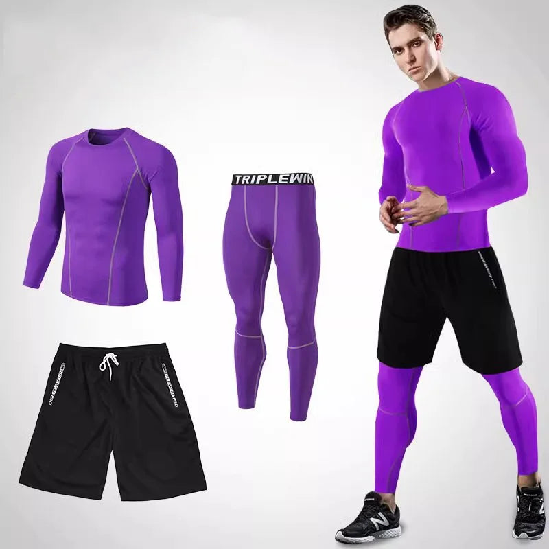 Men Long Sleeve Jogging Jersey Male GYM Fitness Tee Leggings Short Sport Running Set Skiing Basketball Football Clothes Suit B36