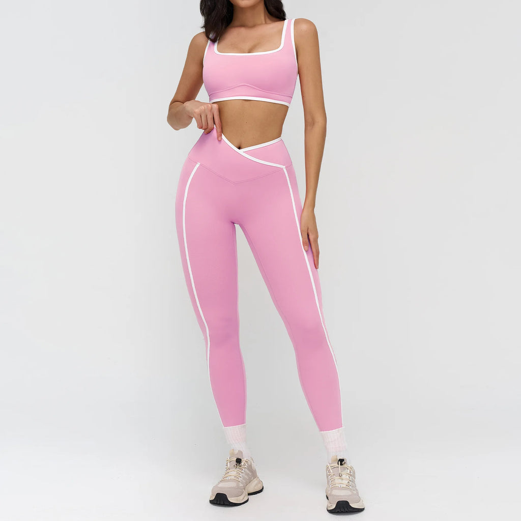 Women Gym Sets White line Bras Leggings Crossover Waist Suits Fitness Sports  Workout Yoga Pants Tights 2 Pecs Sportswear